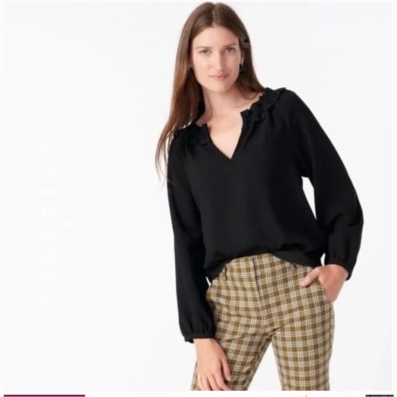 J. Crew Tops - J.‎ Crew Drapey Ruffleneck Black Blouse in 365 Crepe